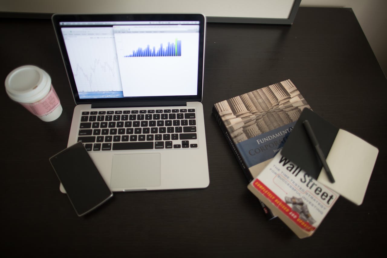 computer, coffe, books, notebook, phone